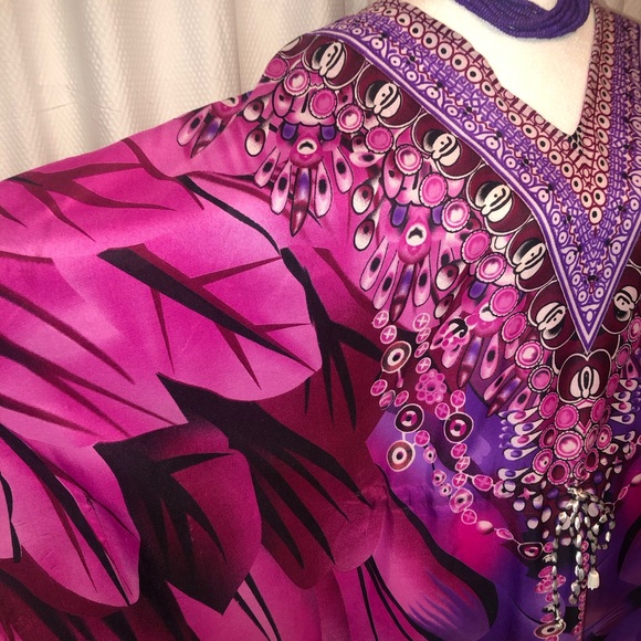 Kaftan dress with matching wood necklace feather and boho print OSFM - Picture 5 of 9